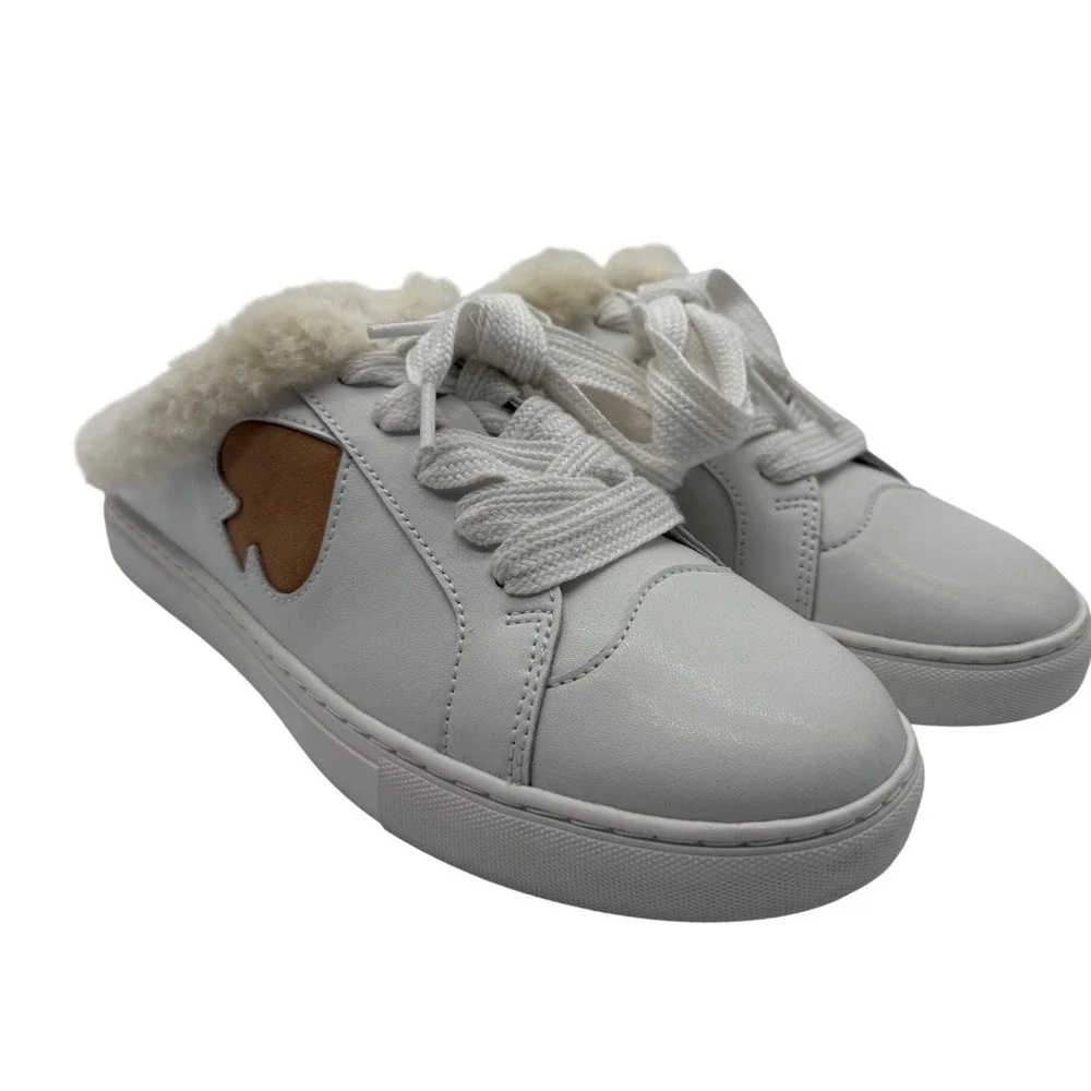 Kate Spade Fez Mule Winter Lace Up Sneaker White Leather‎ Faux Fur Trim 7.5B
